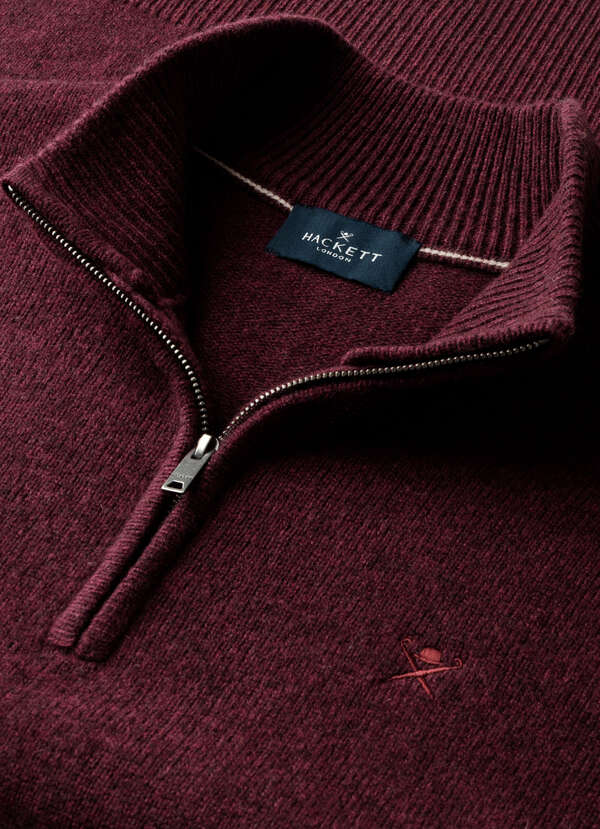 Hackett London Lambswool Quarter Zip Jumper-Oxblood Red