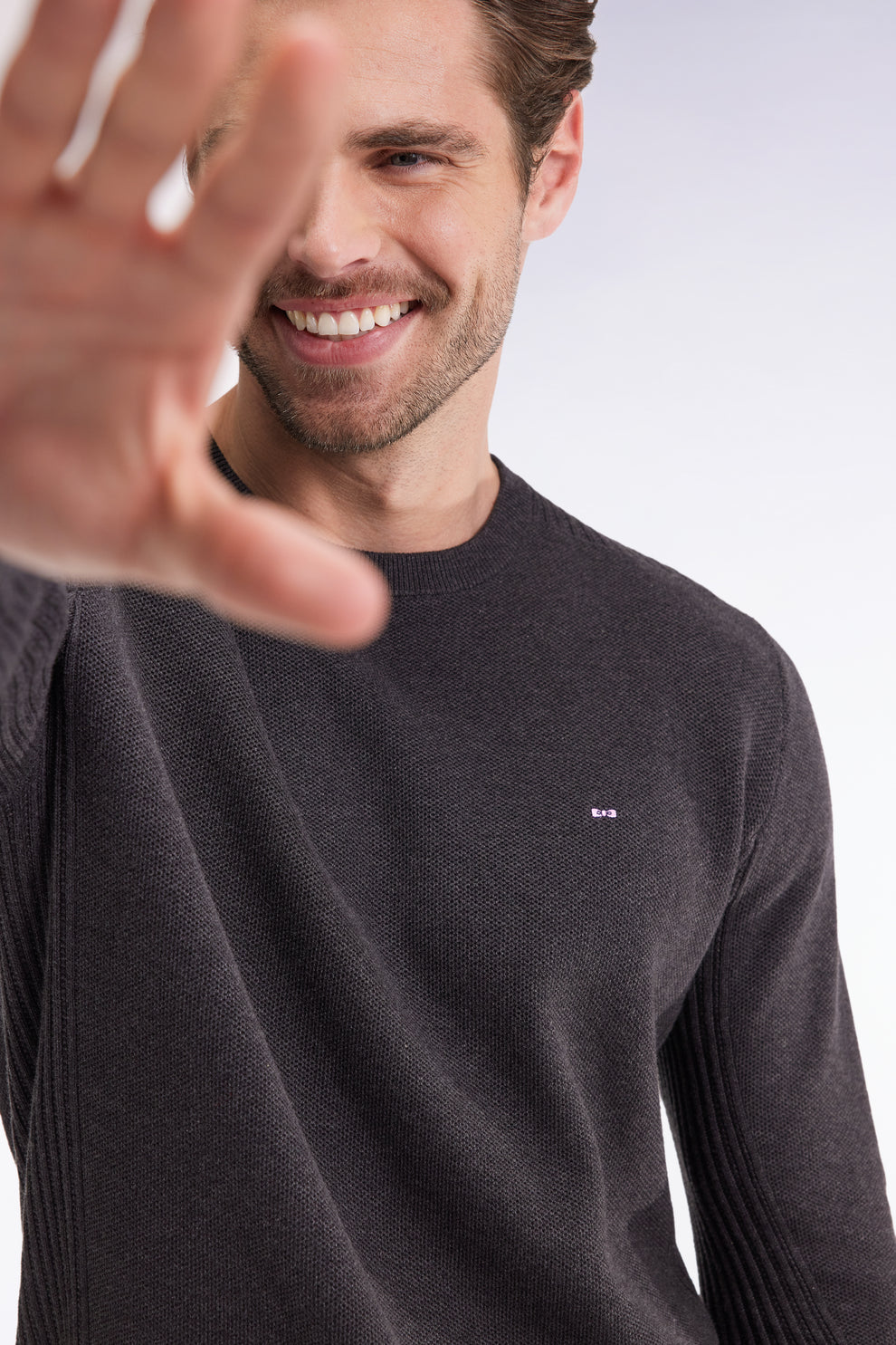 Eden Park Dark Grey Crew Neck Honeycomb Cotton Sweater