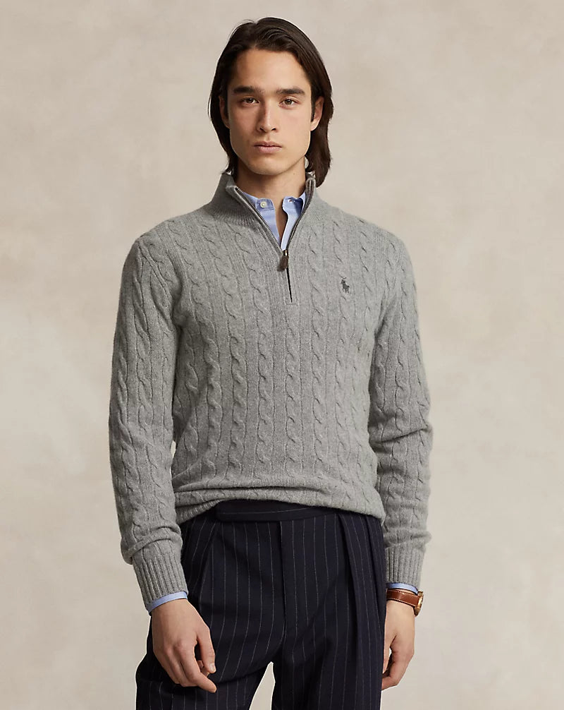 Polo Ralph Lauren Cable-Knit Quarter-Zip Jumper-Fawn Grey Heather