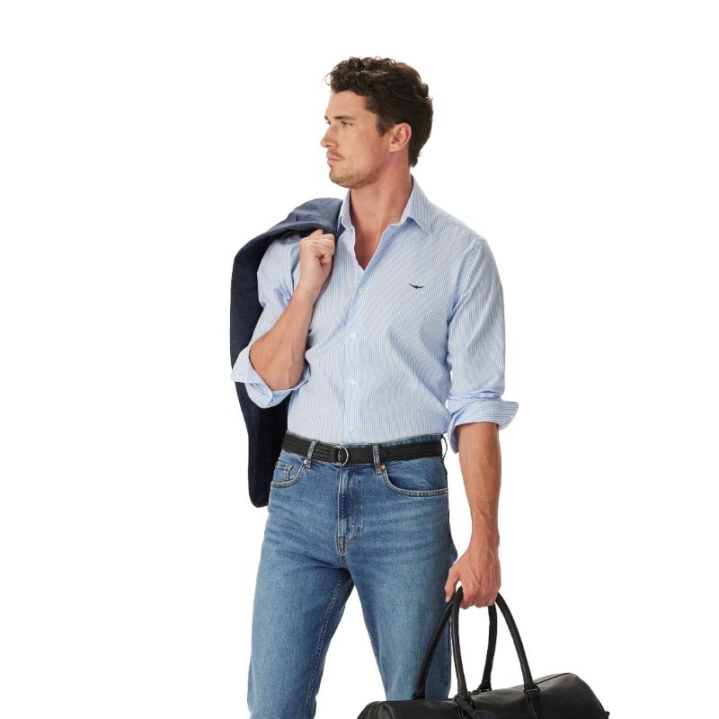 RM Williams Sommers Poplin Stripe Shirt- White/Blue