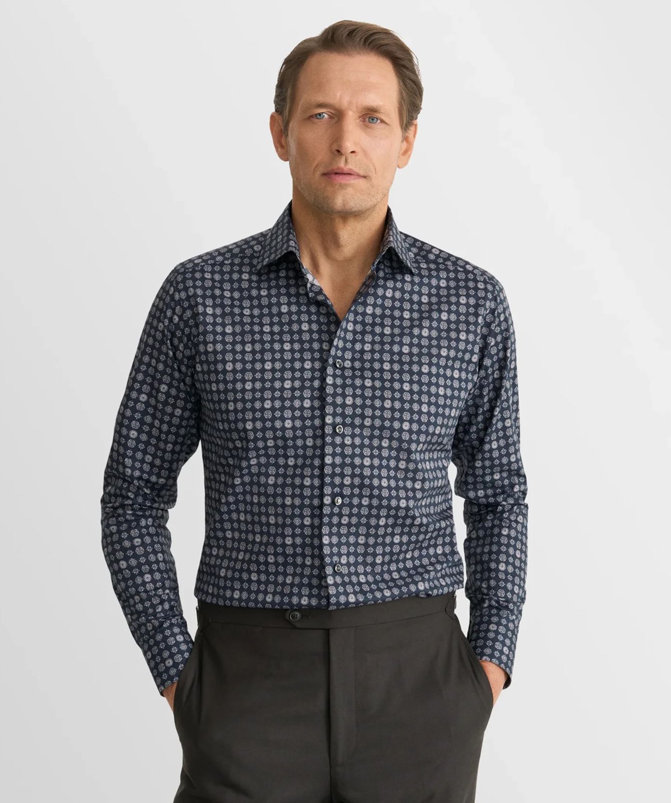 Eton Geometric Twill Contemporary Fit Shirt-Navy