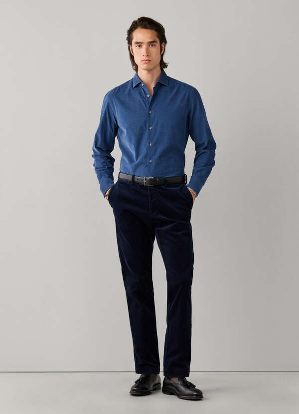 Hackett London Tailored Fit Smart Babycord Shirt-Airforce Blue
