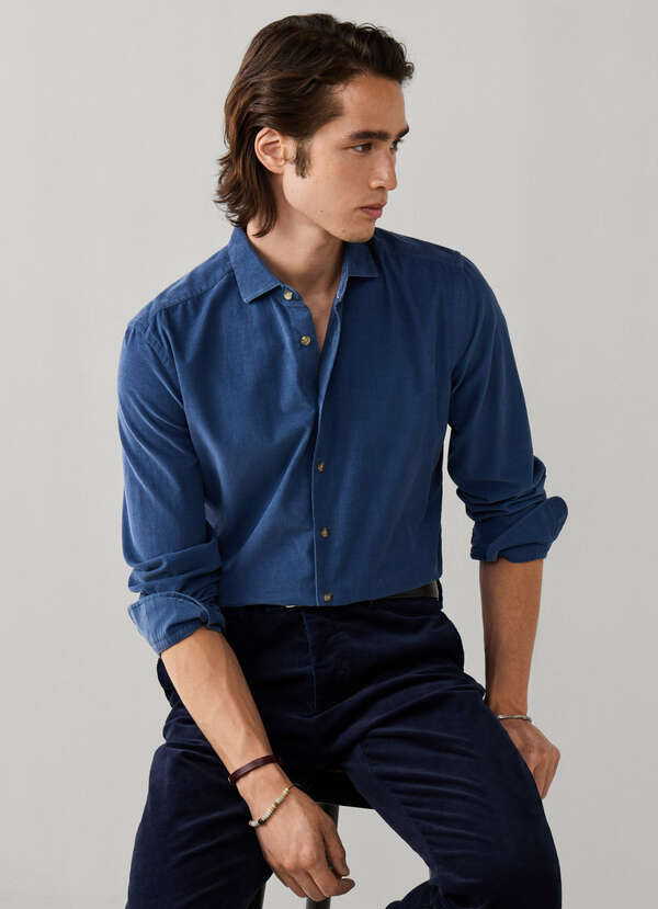 Hackett London Tailored Fit Smart Babycord Shirt-Airforce Blue