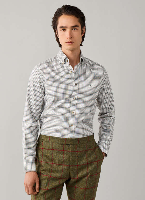 Hackett London Tailored Fit Checked Flannel Shirt-Hunter Green
