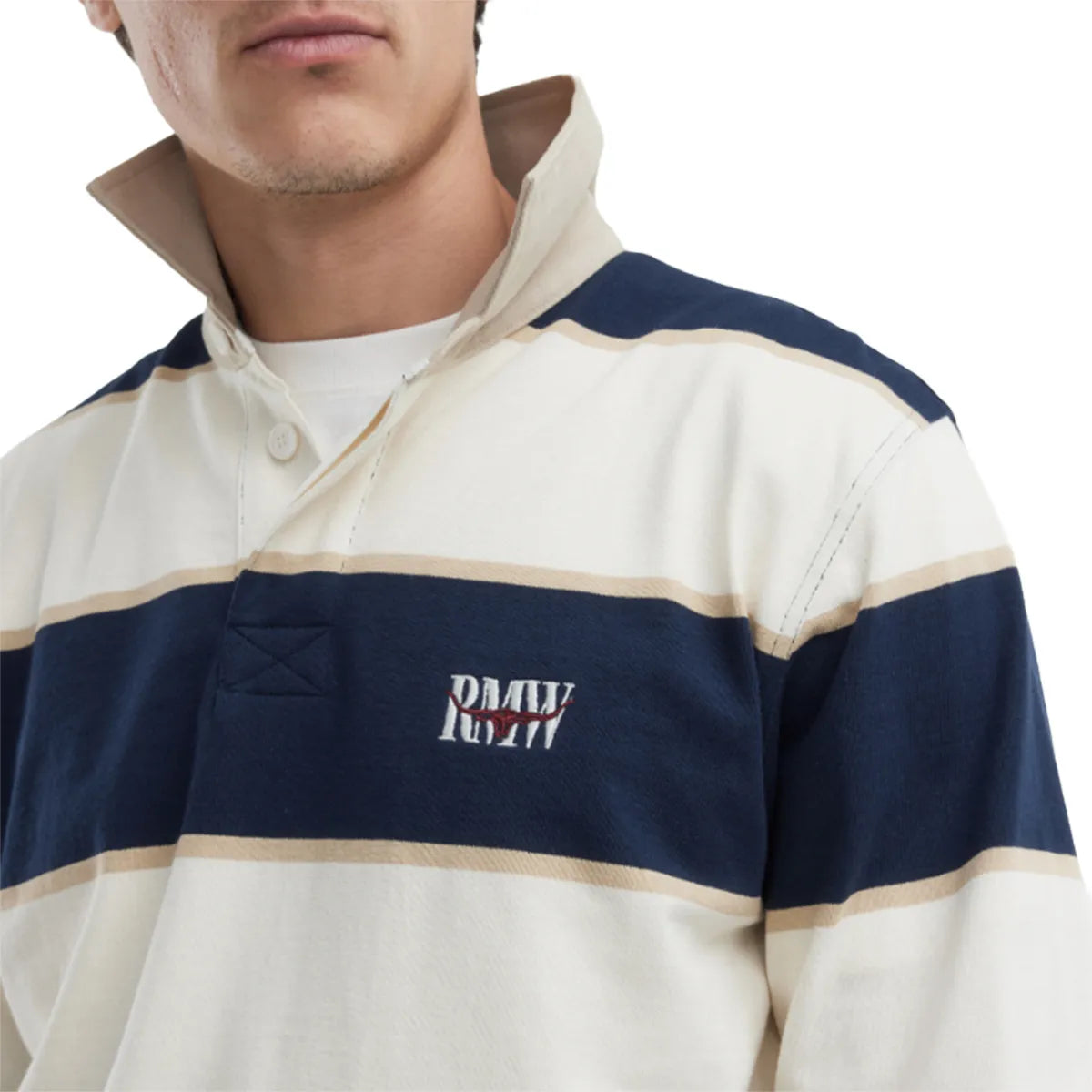 RM Williams Balmain Stripe Rugby Shirt-Ecru/Navy
