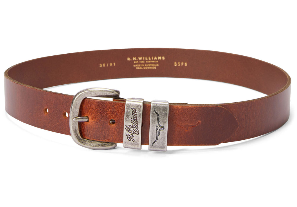 RM Williams Mid Brown Drover Belt with Antique Silver Buckle