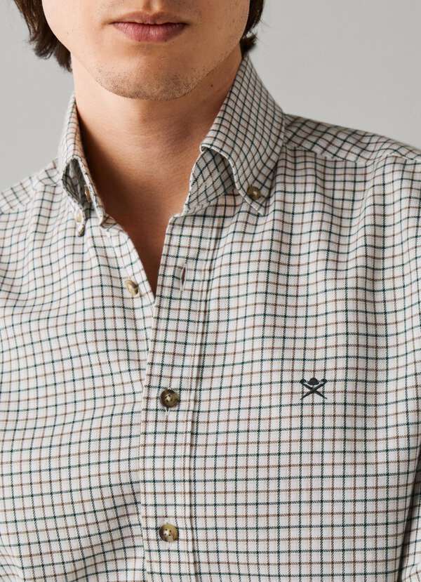 Hackett London Tailored Fit Checked Flannel Shirt-Hunter Green