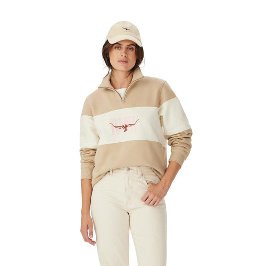 RM Williams Trickett Panel Womens 1/4 Zip Sweatshirt-Sand
