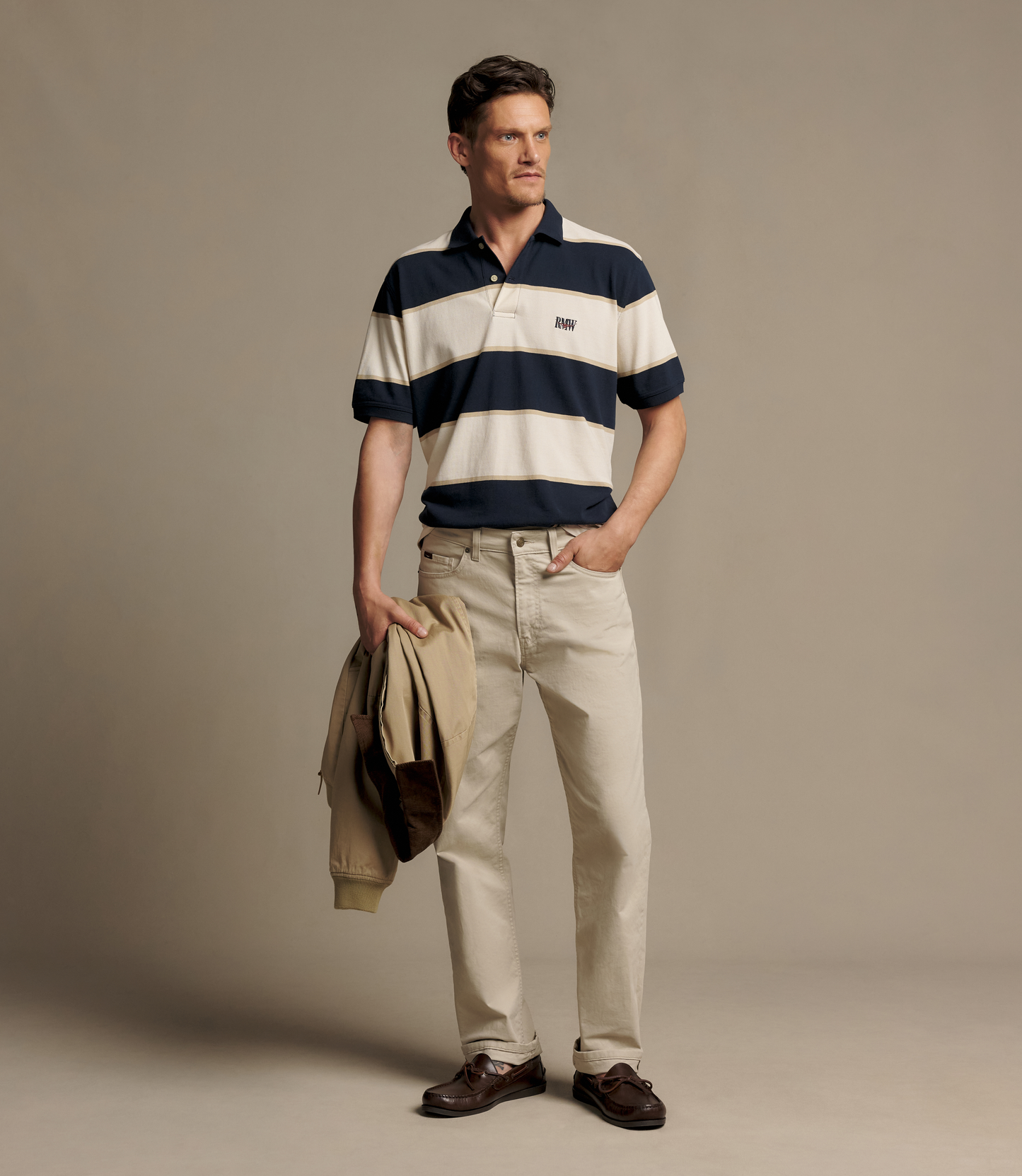 RM Williams Balmain Stripe Polo-Ecru/Navy