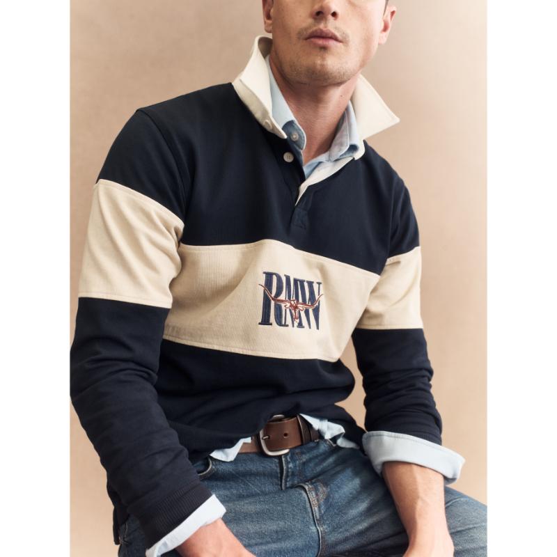 RM Williams Heritage Panel Rugby Shirt-Navy/Sand