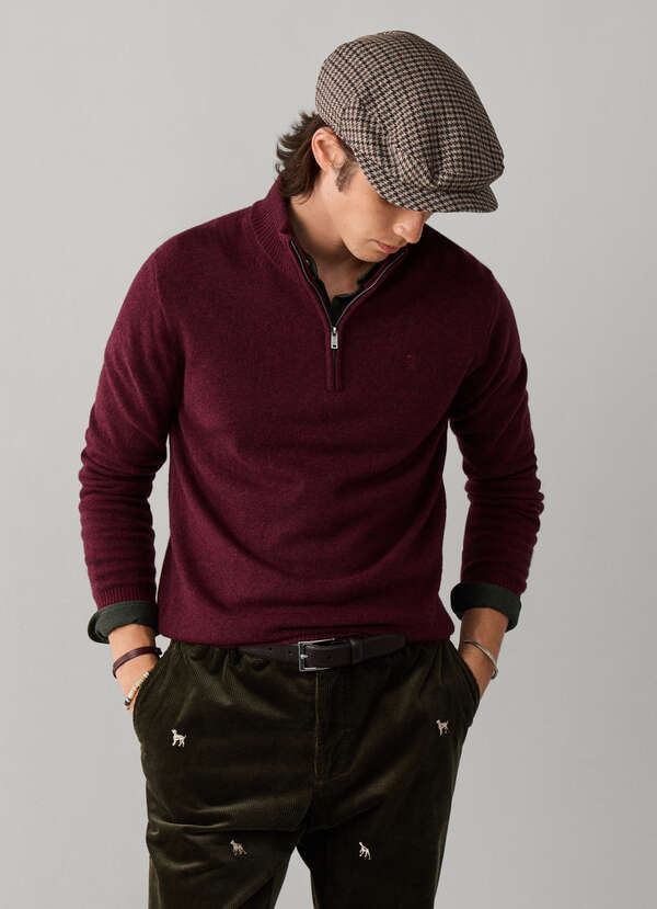 Hackett London Lambswool Quarter Zip Jumper-Oxblood Red