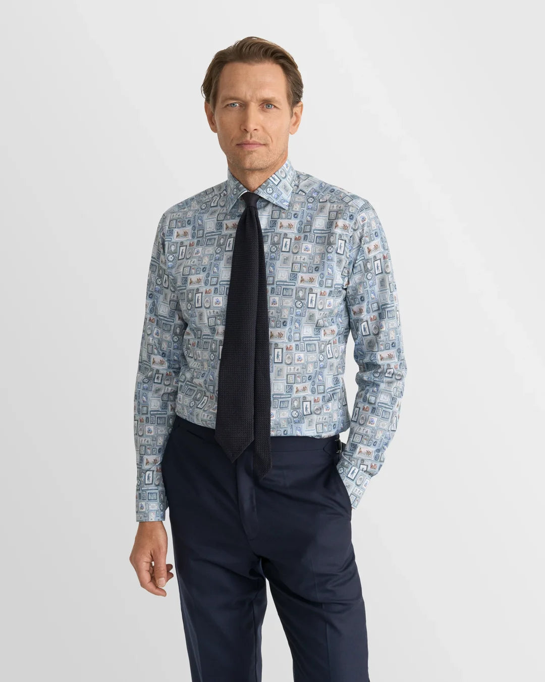 Eton Motif Signature Twill Print Contemporary Fit Shirt-Blue