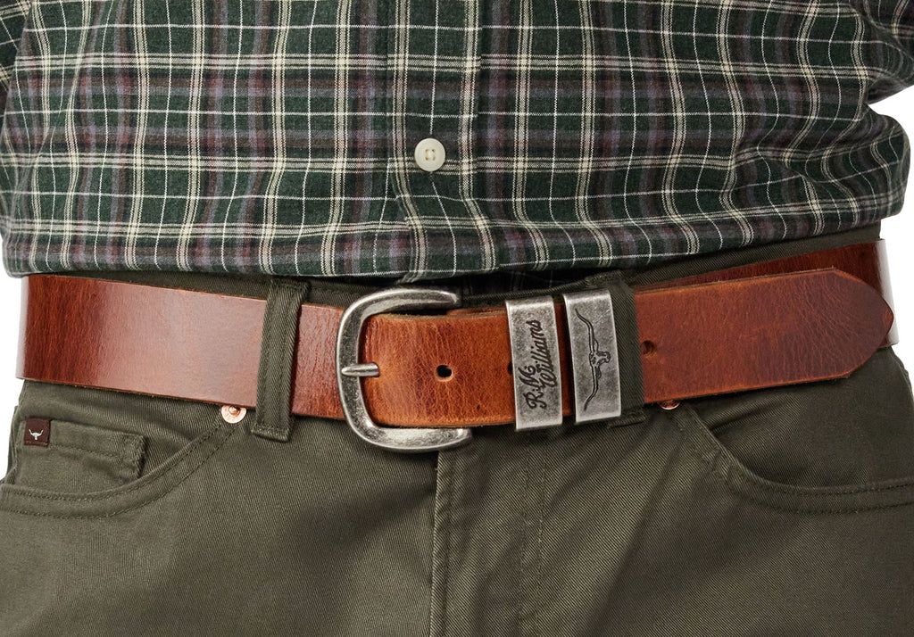 RM Williams Mid Brown Drover Belt with Antique Silver Buckle