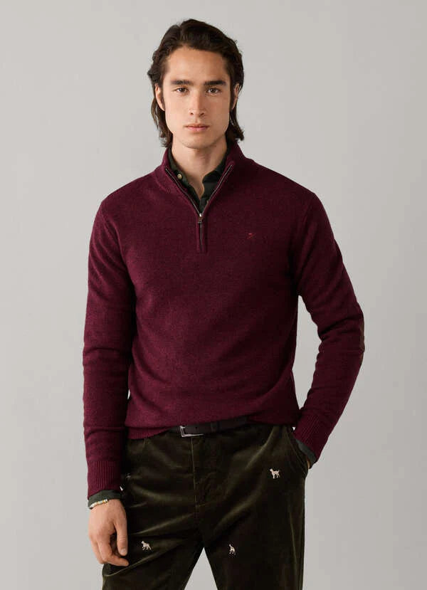 Hackett London Lambswool Quarter Zip Jumper-Oxblood Red