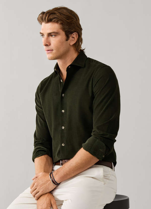 Hackett London Tailored Fit Smart Babycord Shirt-Hunter Green