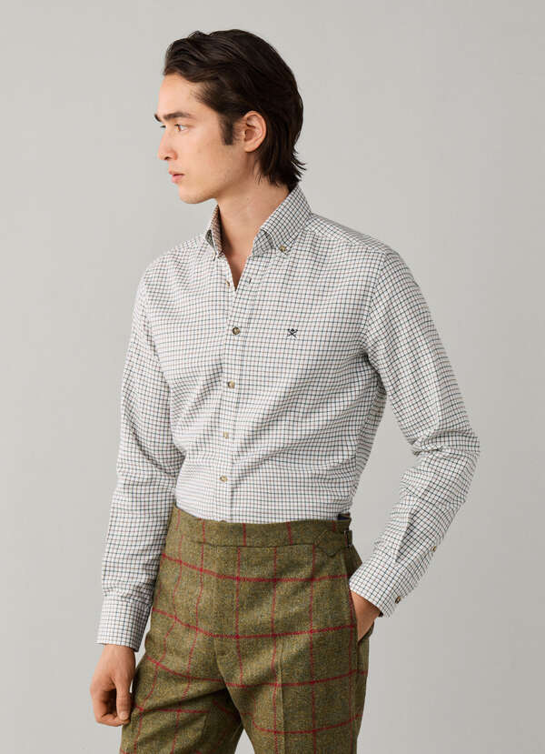 Hackett London Tailored Fit Checked Flannel Shirt-Hunter Green