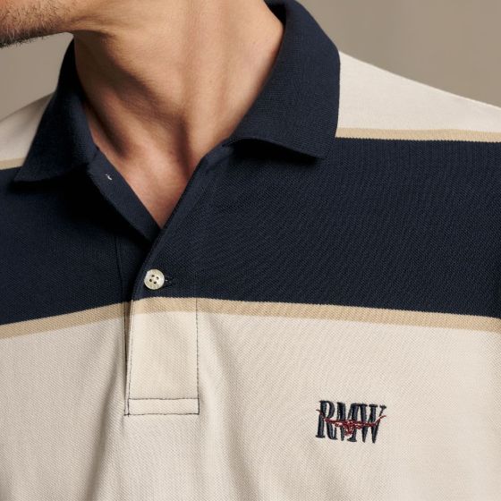 RM Williams Balmain Stripe Polo-Ecru/Navy