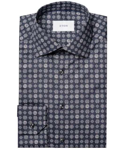 Eton Geometric Twill Contemporary Fit Shirt-Navy