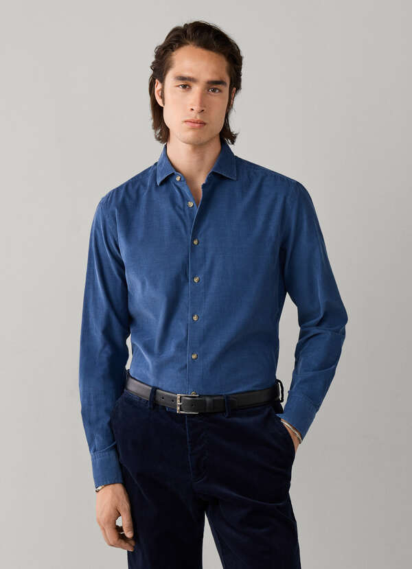 Hackett London Tailored Fit Smart Babycord Shirt-Airforce Blue