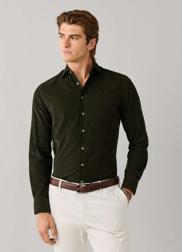 Hackett London Tailored Fit Smart Babycord Shirt-Hunter Green