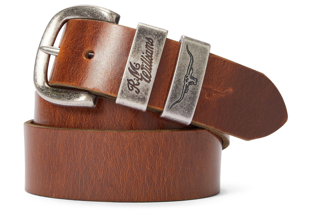RM Williams Mid Brown Drover Belt with Antique Silver Buckle