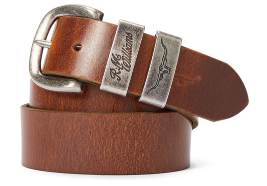 RM Williams Mid Brown Drover Belt with Antique Silver Buckle