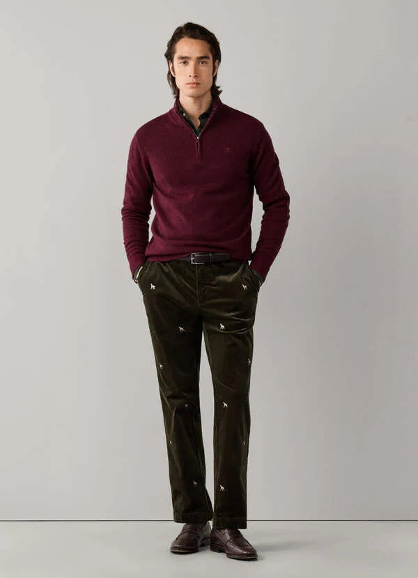 Hackett London Lambswool Quarter Zip Jumper-Oxblood Red