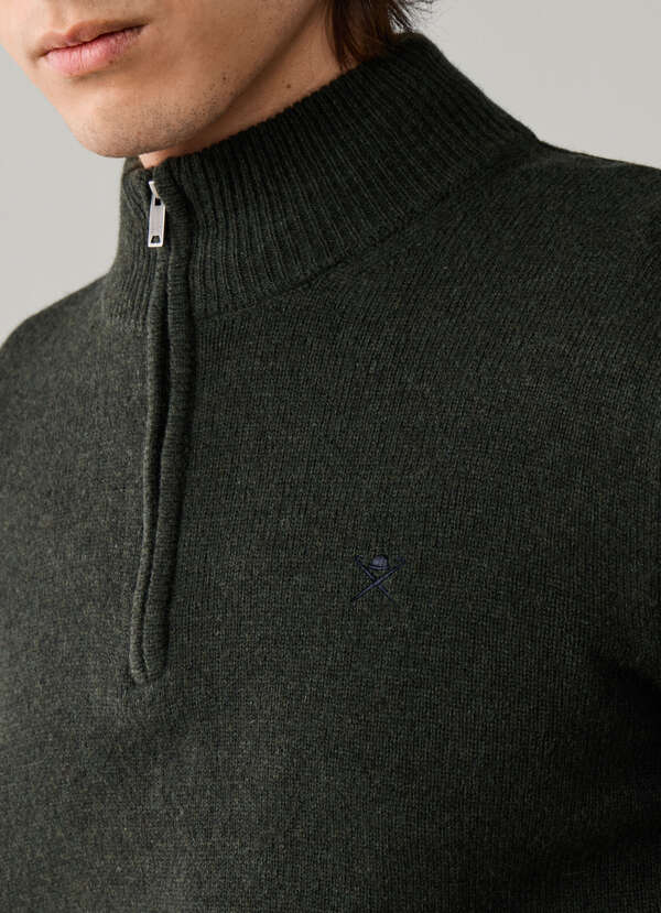 Hackett London Lambswool Quarter Zip Jumper-Hunter Green