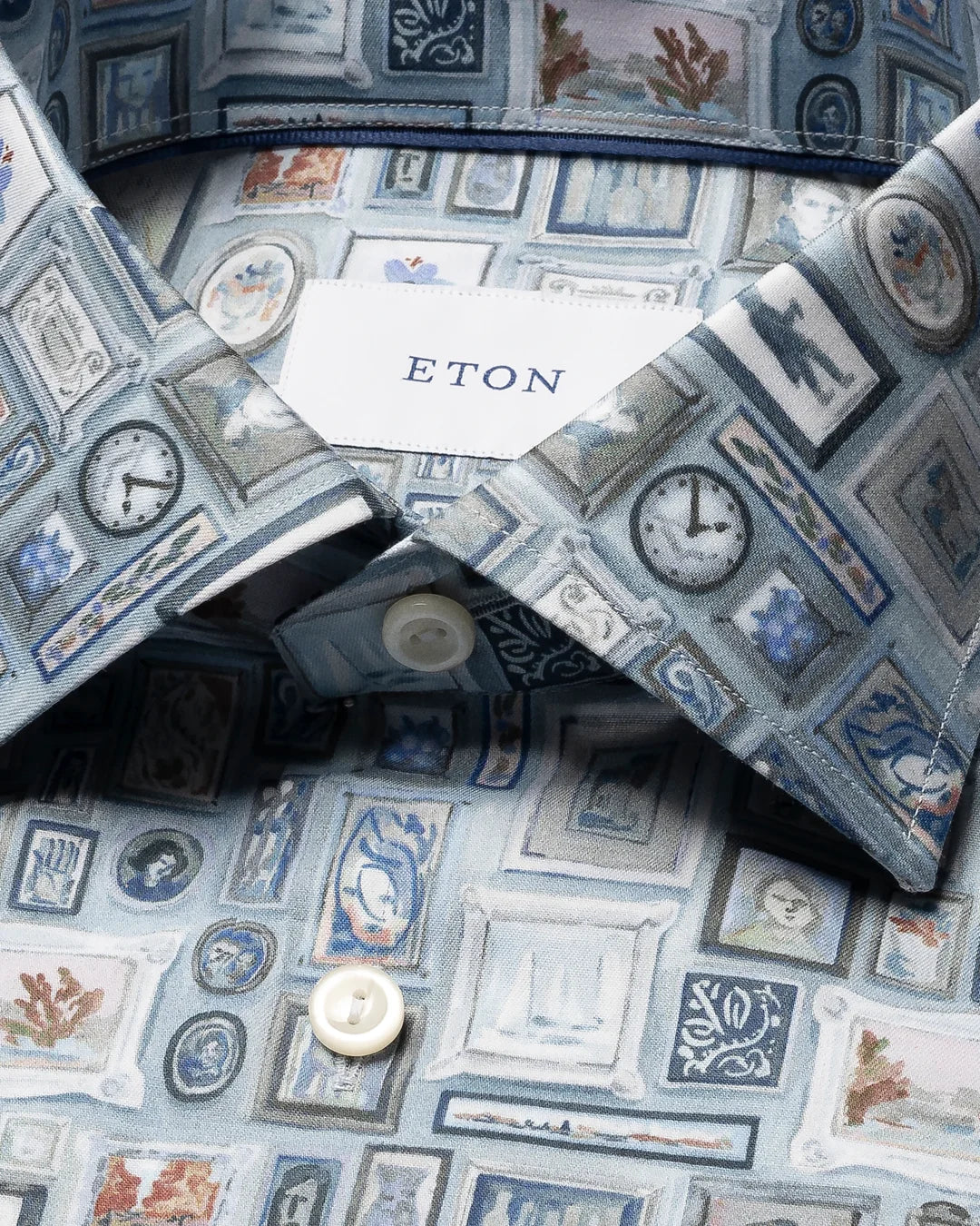 Eton Motif Signature Twill Print Contemporary Fit Shirt-Blue