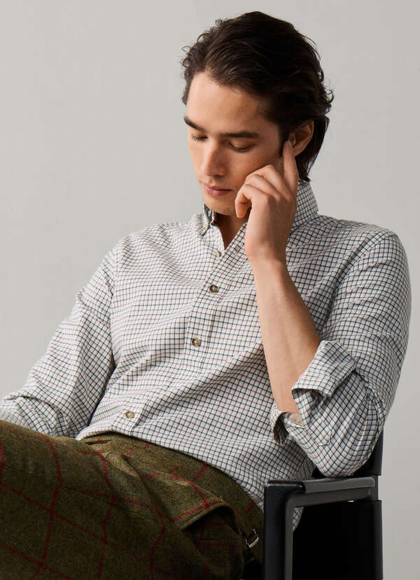 Hackett London Tailored Fit Checked Flannel Shirt-Hunter Green