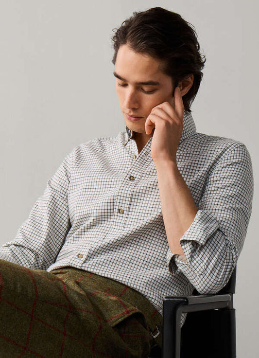 Hackett London Tailored Fit Checked Flannel Shirt-Hunter Green