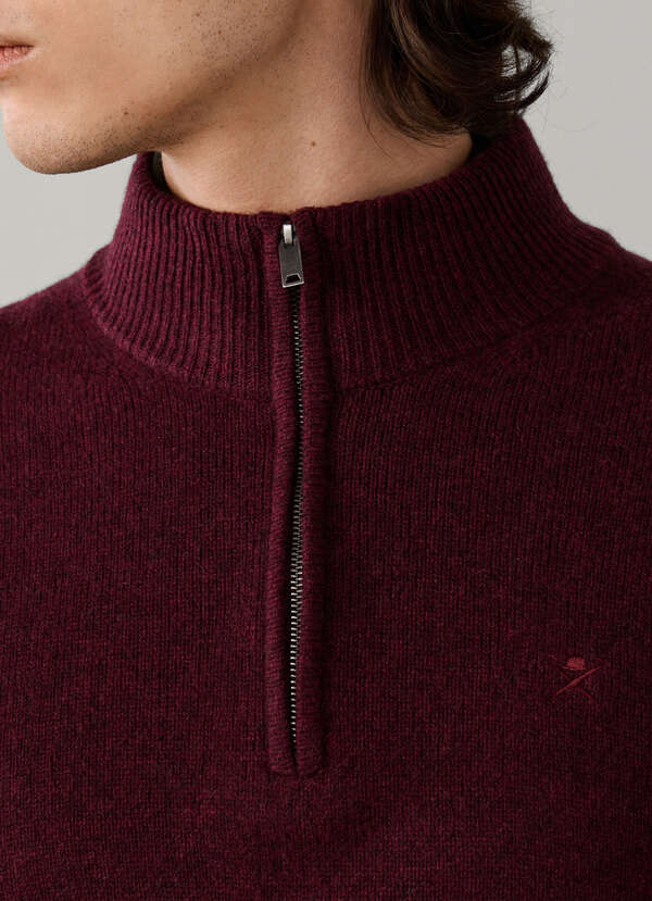 Hackett London Lambswool Quarter Zip Jumper-Oxblood Red