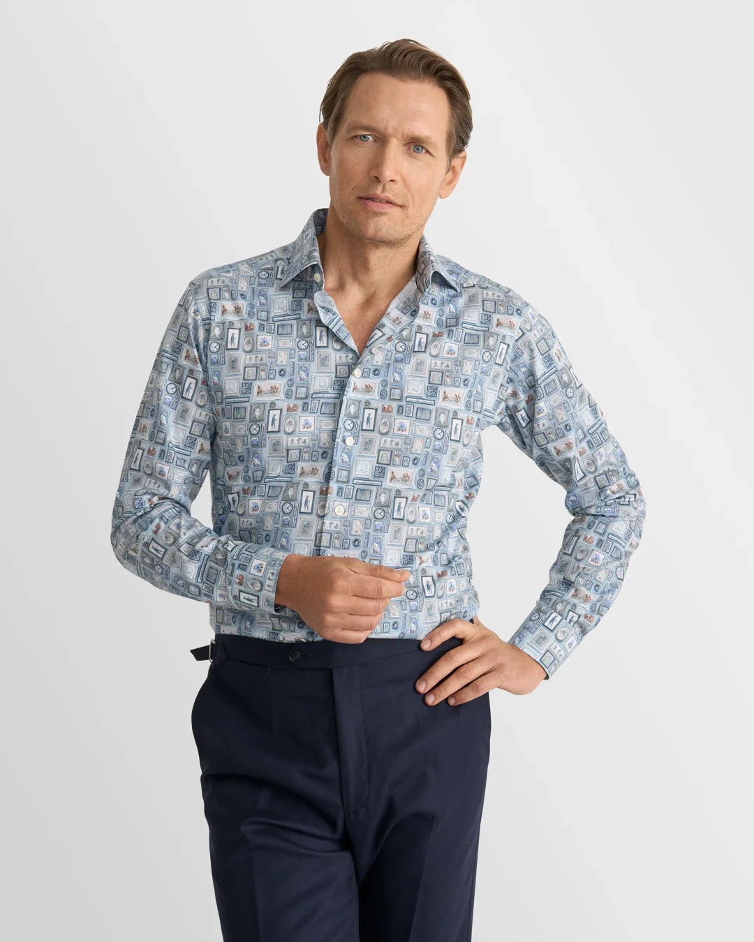 Eton Motif Signature Twill Print Contemporary Fit Shirt-Blue