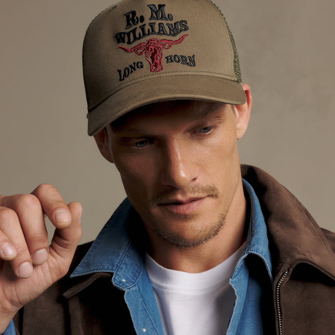 RM Williams RMW Longhorn Trucker Cap-Dark Olive